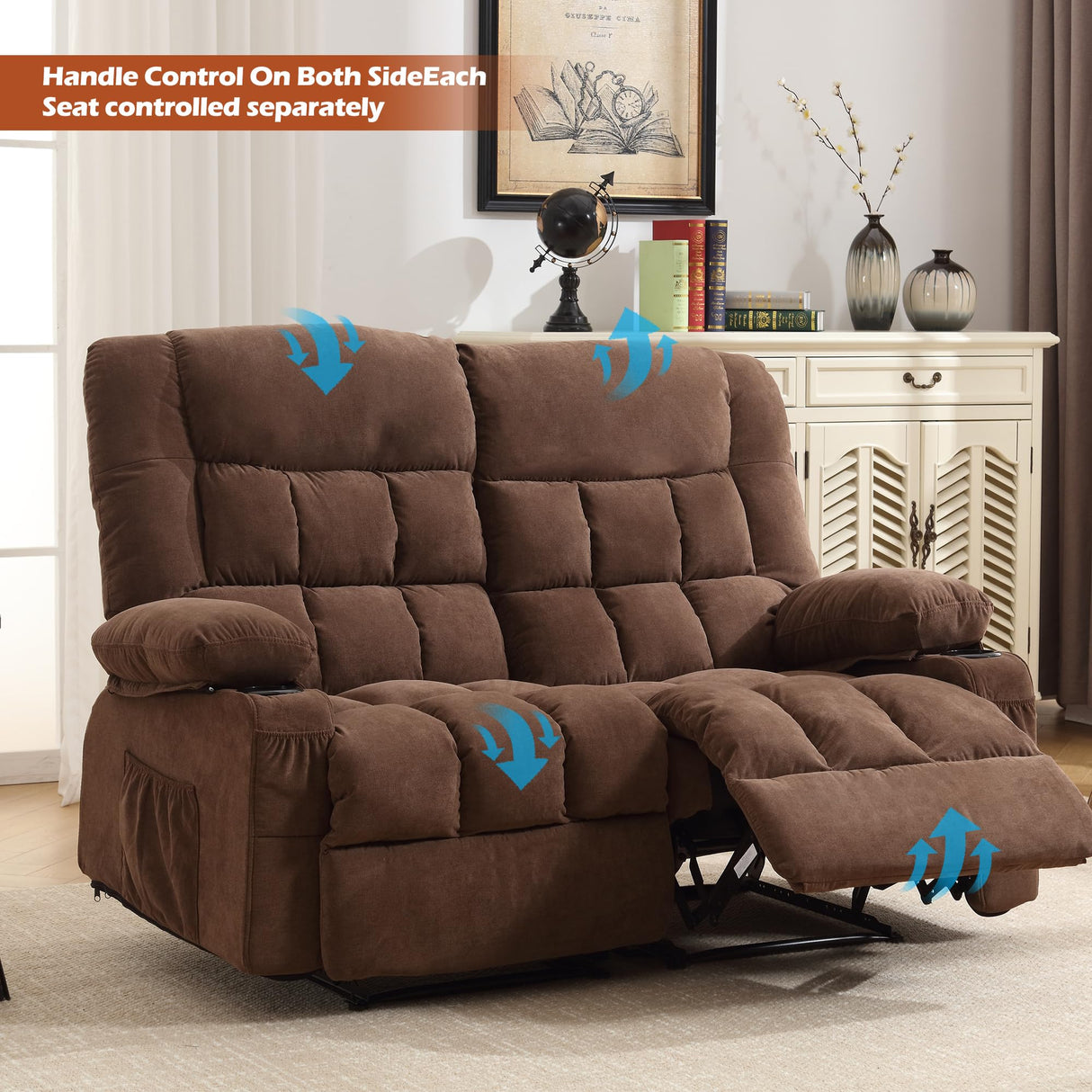 BOSMILLER Reclining Loveseat with Cup Holders for Living Room 2 Seat Manual Loveseat Recliner with Side Pocket BOSMILLER