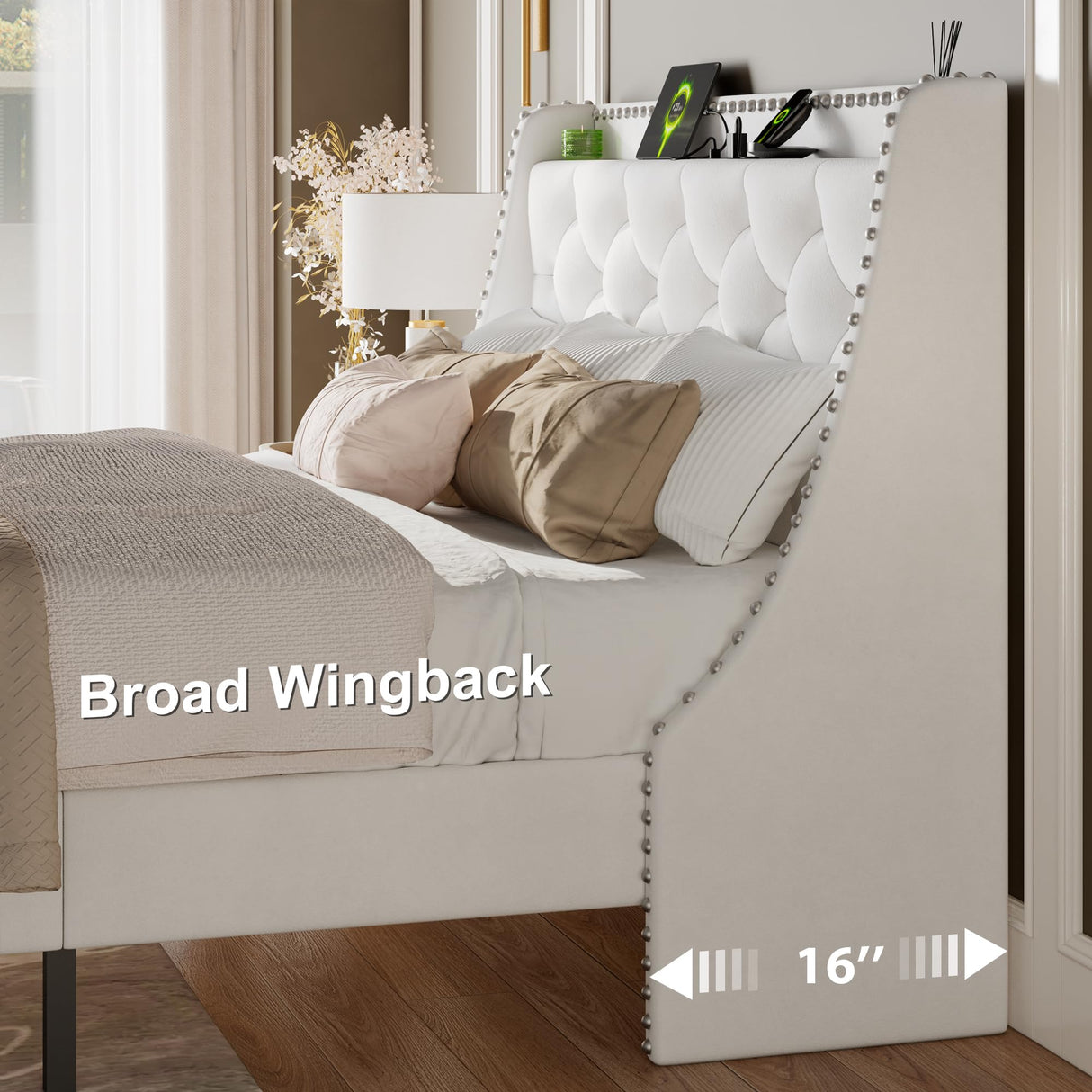 Feonase Full Size Bed Frame with Velvet Luxury Wingback Upholstered Button Tufted Storage Headboard, Full Platform Bed with Charging Station, Sturdy Wooden Slats Support, Easy Assembly, White Feonase