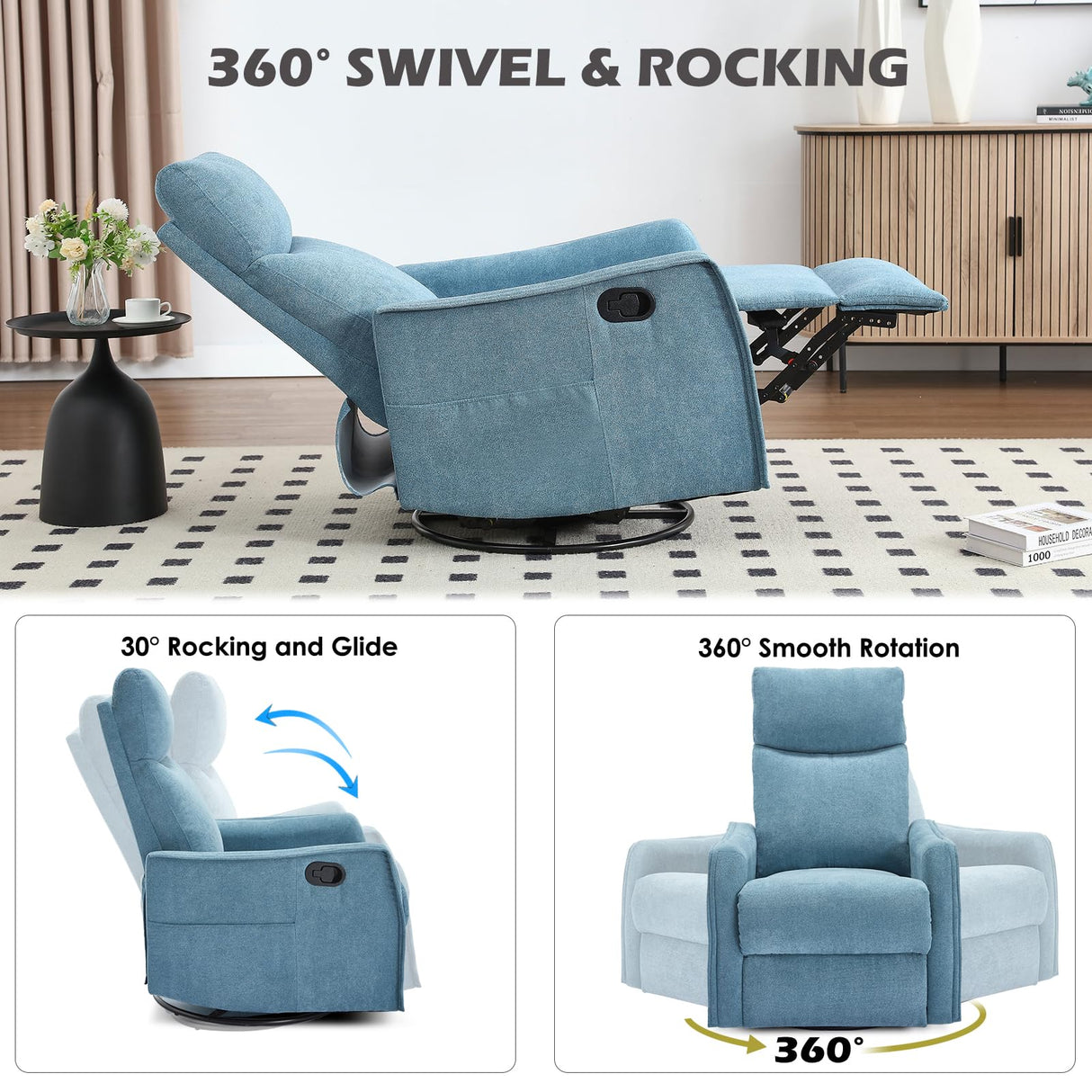 Trustyue Swivel Rocker Recliner Chair, 360° Swivel Recliner with Heat and Massage, Rocker Recliner Nursery Glider Chair with Side Pockets for Living Room (Light Blue, Fabric) Trustyue