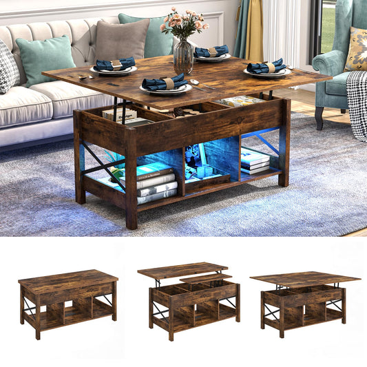 jiteentarou Lift Top Coffee Table with Storage, LED Lights & Charging Station, 4-in-1 Multi-Function Large Convertible Living Room Tables, Farmhouse Lift Tabletop Dining Table w/Hidden Compar - WoodArtSupply