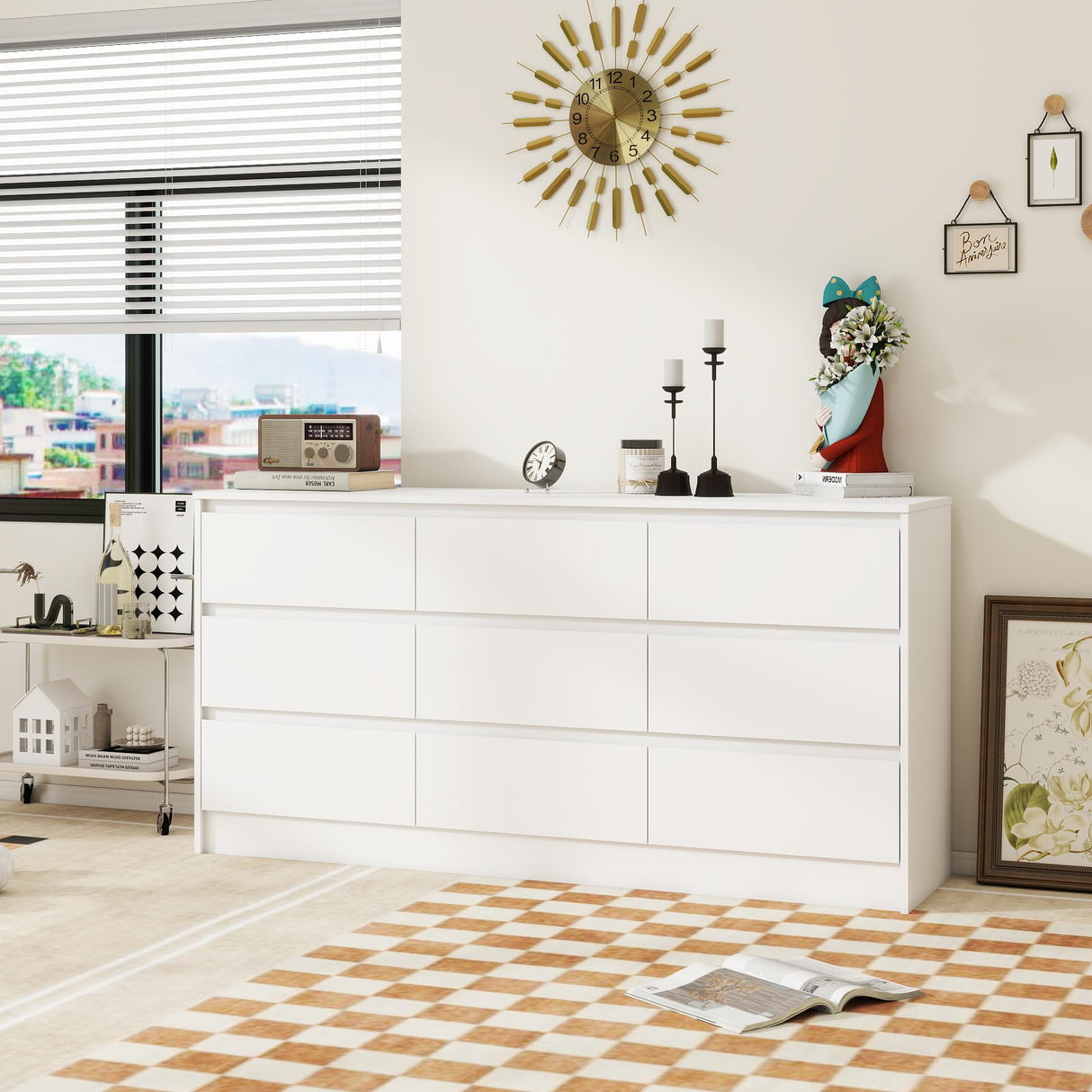 Panana Modern 9 Drawer Wood Dresser for Bedroom, Large Floor Storage Drawer Cabinet Lateral Chest of Drawers Handle Free Organizer for Closet Living Room (White, 9 Drawer) Panana