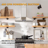 FIREGAS Range Hood 30 inch Wall Mount,450 CFM Ducted/Ductless Range Hood with Stainless Steel,Stove Hood Vent for Kitchen with 3 Speed Fan,Permanent Filters,Led Lights,Digital Touch,Charcoal Filter FIREGAS