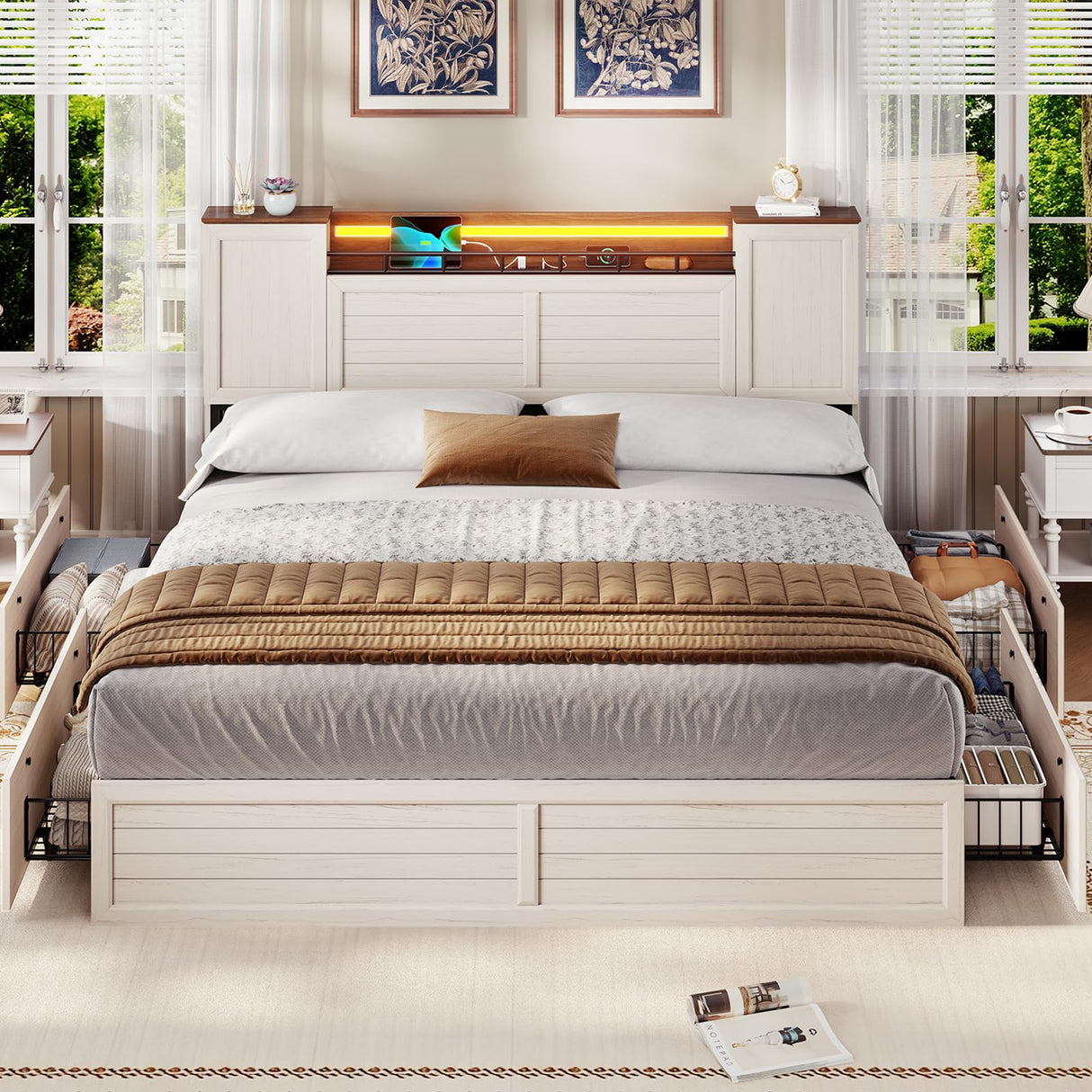 VIAGDO Farmhouse King Bed Frame with Headboard and Double Barn Door Storage Cabinets, Rustic Wooden Bed Frame King Size with Charging Station, 4 Drawers and LED Lights, No Box Spring Needed, White VIAGDO