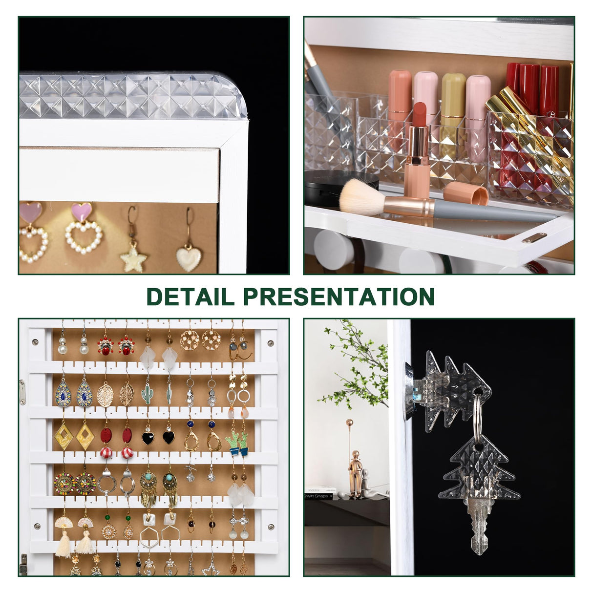 HNEBC LED Mirror Jewelry Cabinet,47.2" Wall Mounted Jewelry Organizer with Full-Length Mirror,Over The Door Hanging Jewelry Armoire Storage Cabinet,Folding Dresser,2 Drawers,Lockable, 3 Shelves(White) HNEBC