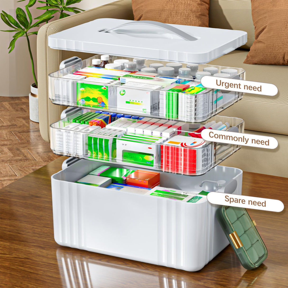 ARSTPEOE 3-Tier Medicine Organizer - Portable Medicine Cabinet with Plastic Handle, Multipurpose Medical Box with Pill Box, Empty First Aid Kit for Home ARSTPEOE