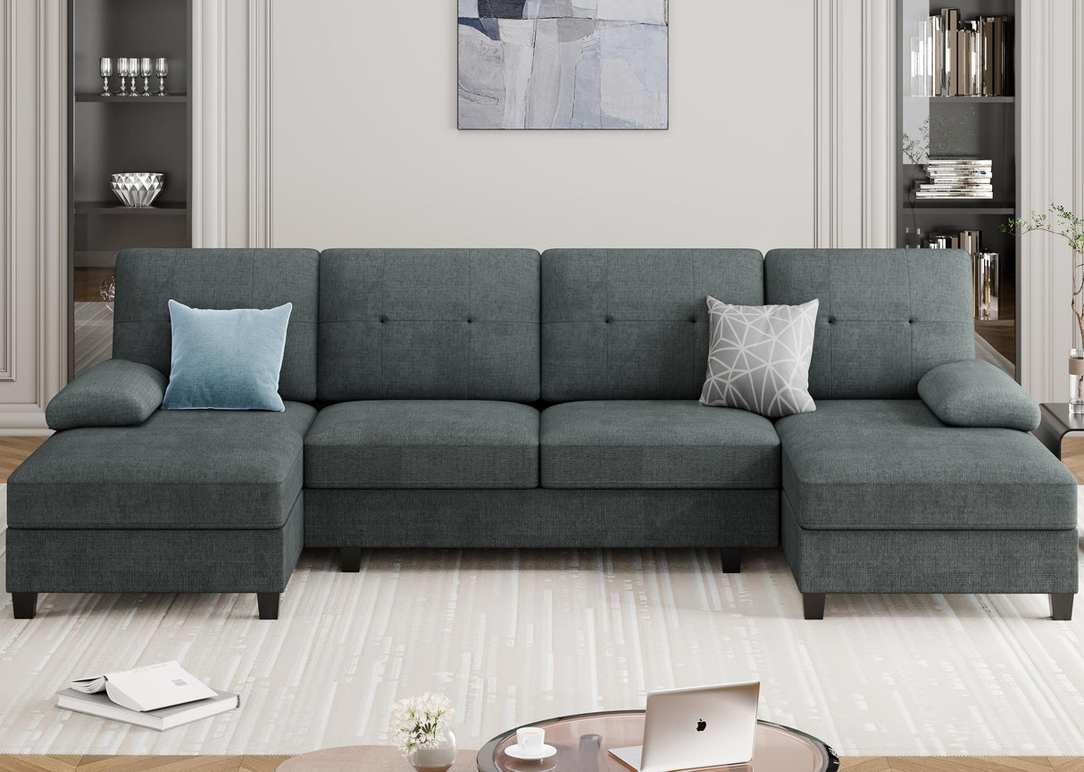 Meilocar Sectional Couches for Living Room, U Shaped Couch 4- Seat Sectional Sofa with Double Chaise, Comfortable Fabric Large Sofa for Apartment (Grey) Meilocar
