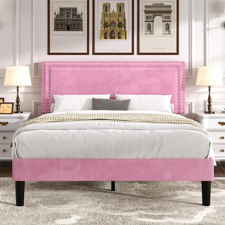 VECELO Full Size Bed Frame with Adjustable Upholstered Headboard, Wooden Slats Platform, Noise-Free Design, Easy Assembly VECELO