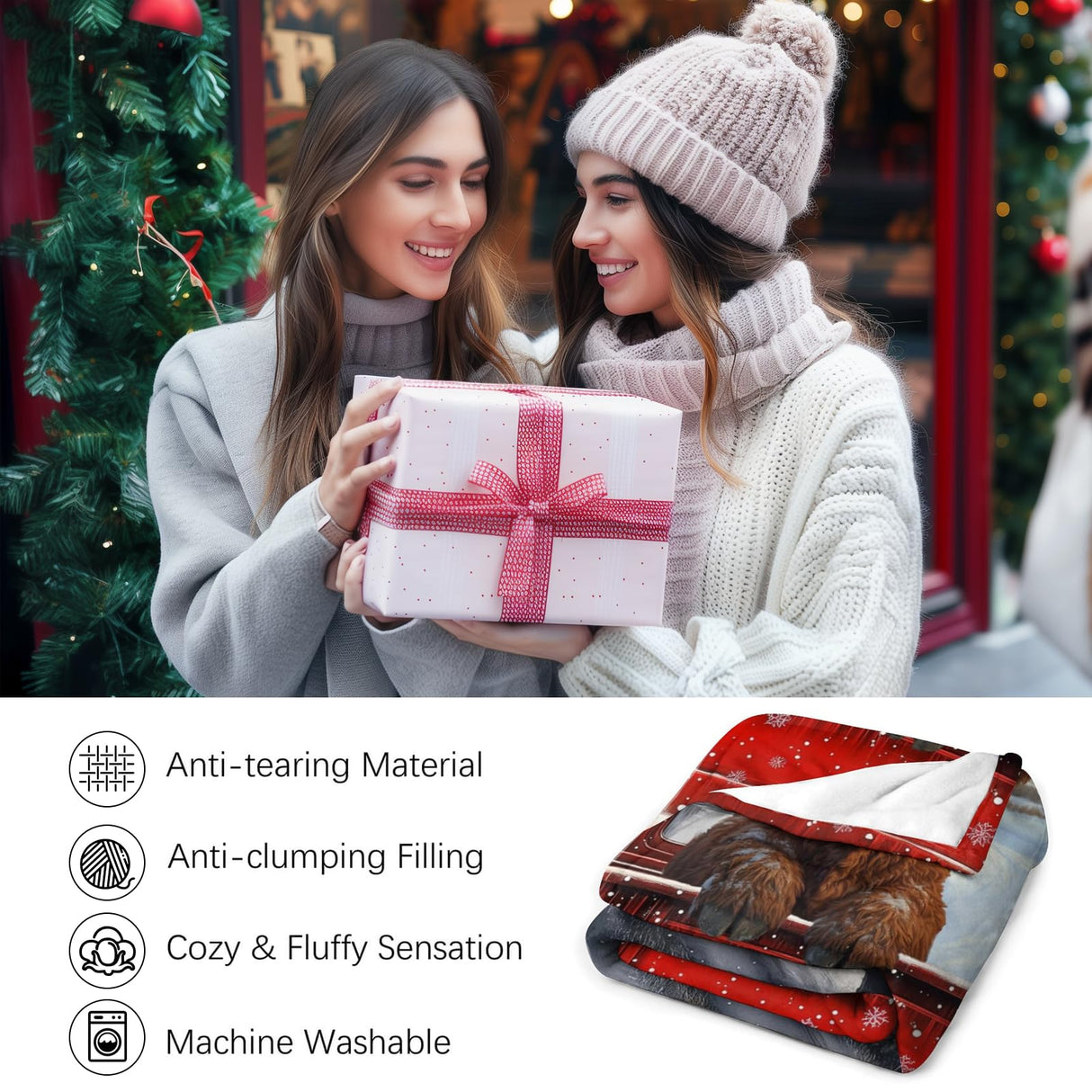 KAFFUL Highland Cow Blanket, Brown Cow in Red Truck, Women's Gift, Winter Snowflakes Farmhouse Decor, 50"x40" KAFFUL