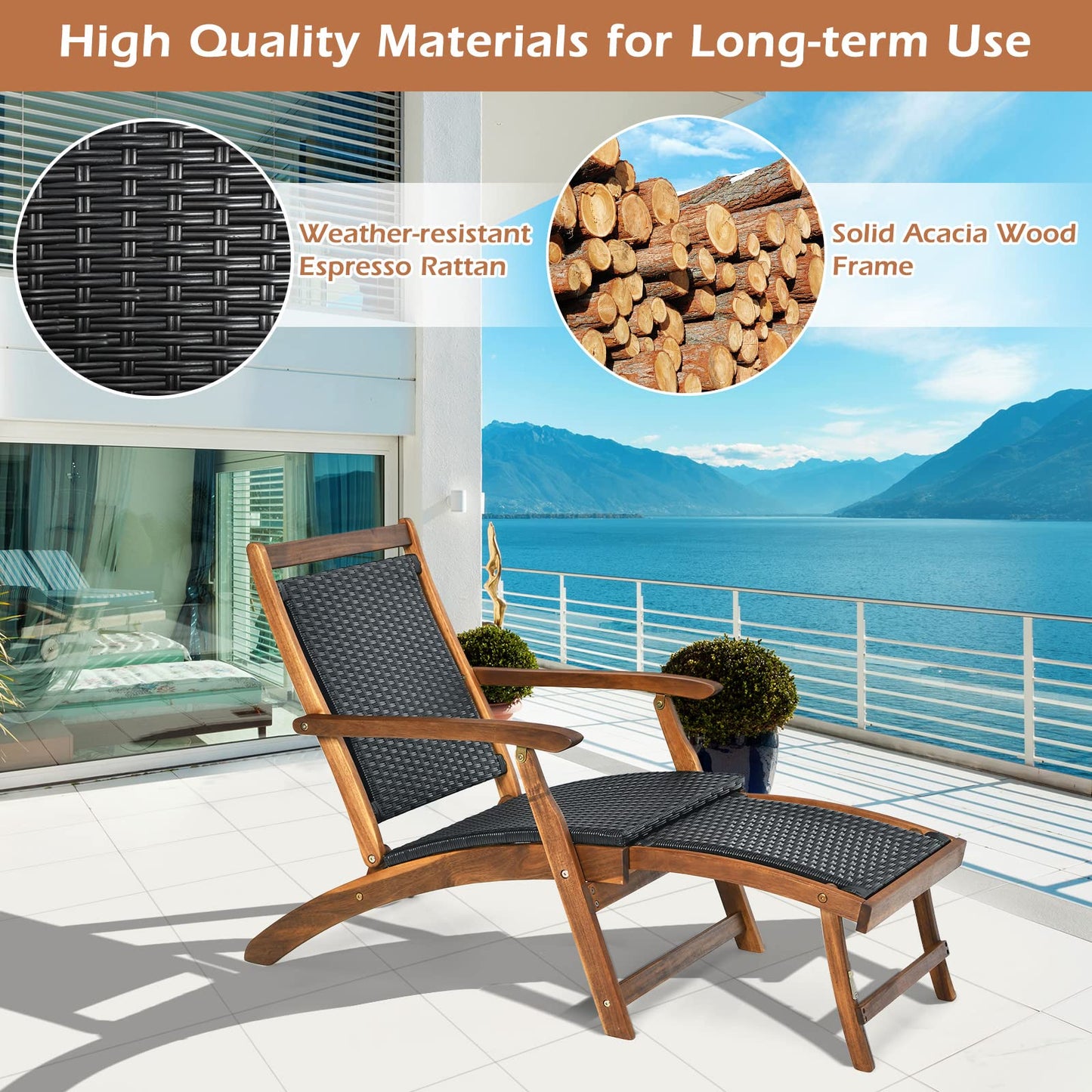 HAPPYGRILL Patio Chaise Lounge Chair with Retractable Footrest, Acacia Wood Lounge Chair, Rattan Wicker Folding Chaise Lounge, Collapsible Lounge Chair for Poolside Patio Garden Porch