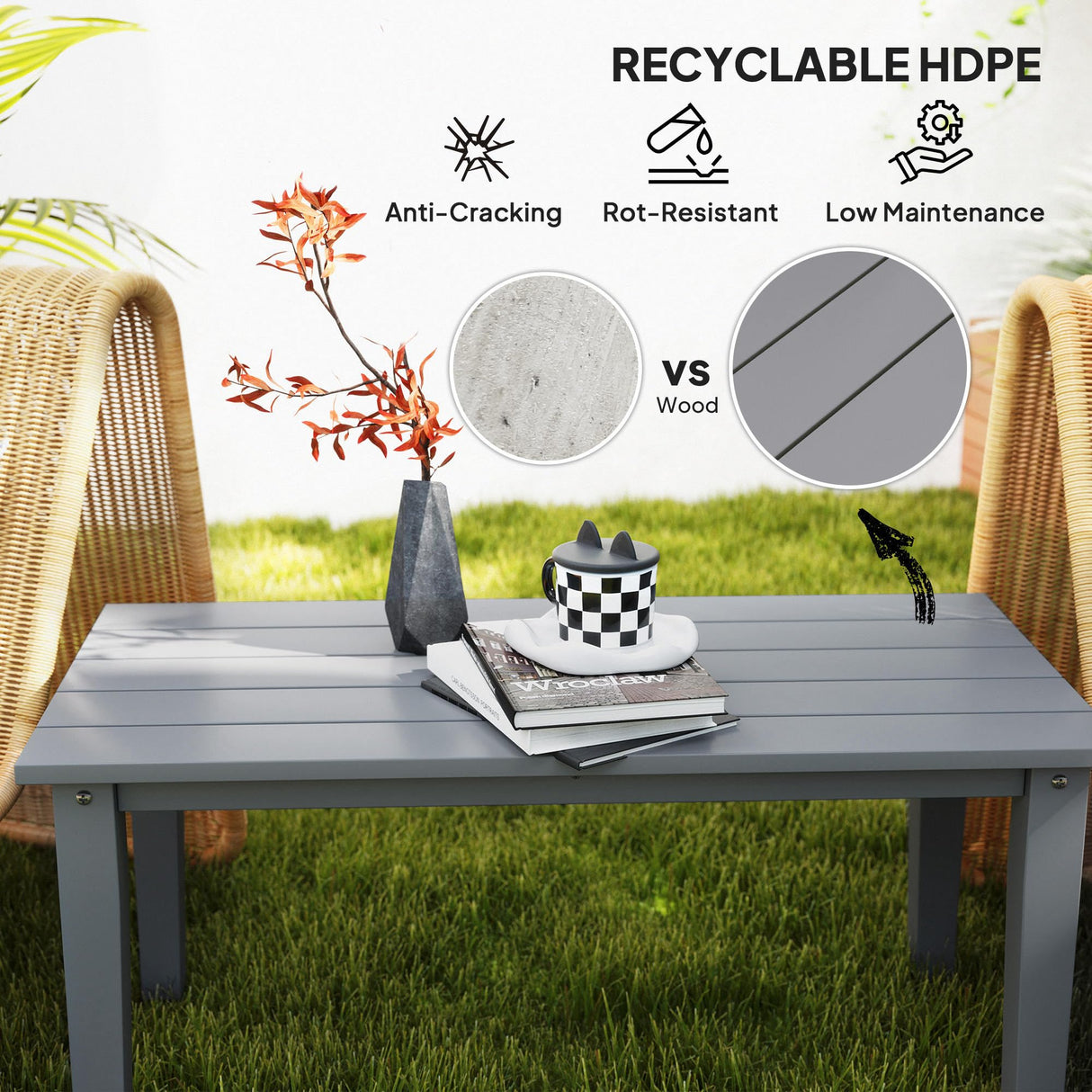 Outsunny HDPE Outdoor Coffee Table, All-Weather Rectangle Patio Coffee Table, Plastic Outdoor Patio Table with Slatted Tabletop for Garden, Balcony, Backyard, Gray Outsunny