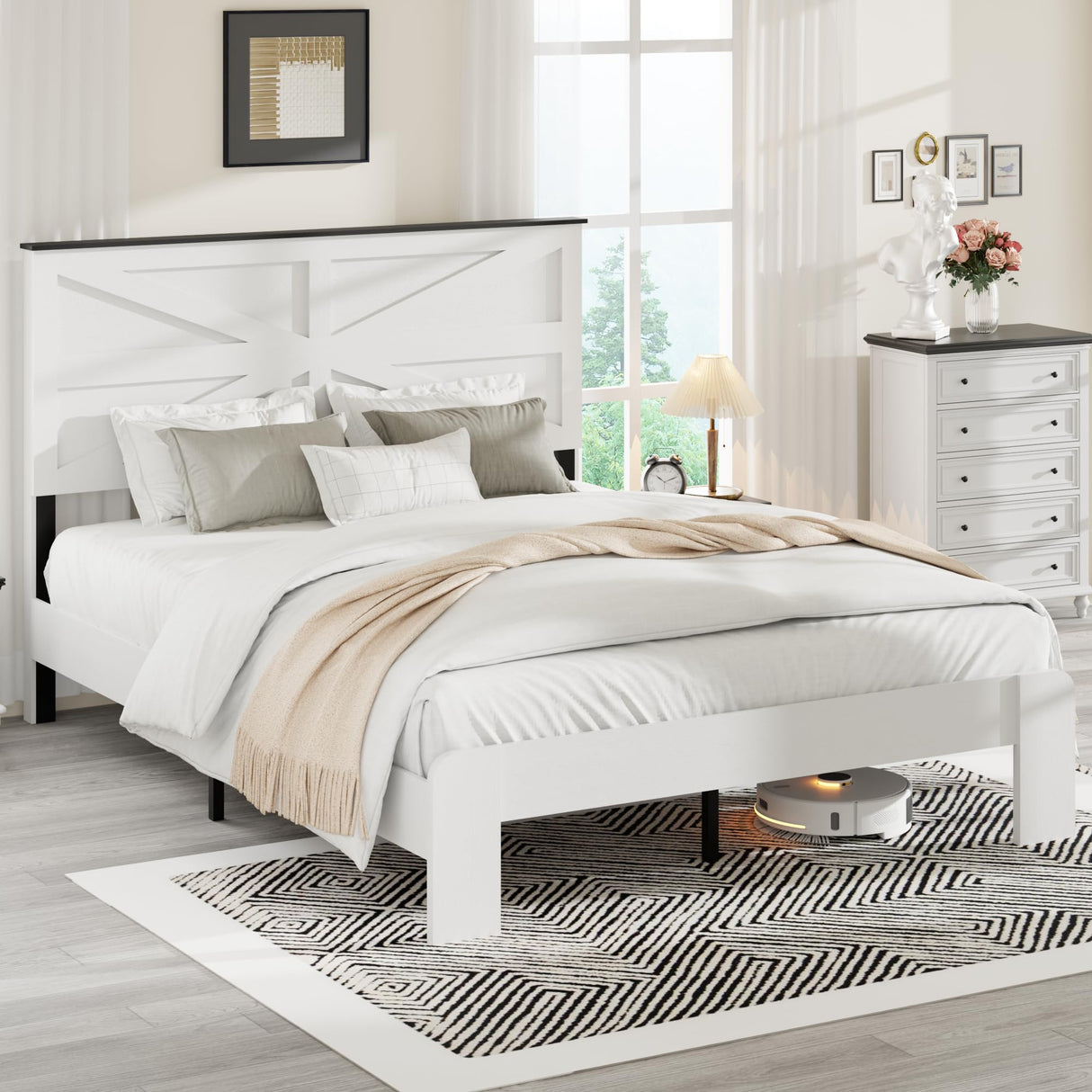 madeslves Farmhouse Full Size Wooden Bed Frame with Headboard, Boho Platform Bedframe, Sturdy Metal Slats Support, No Box Spring Needed, Noise Free, Easy Assembly, White madeslves