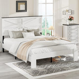 madeslves Farmhouse Full Size Wooden Bed Frame with Headboard, Boho Platform Bedframe, Sturdy Metal Slats Support, No Box Spring Needed, Noise Free, Easy Assembly, White madeslves