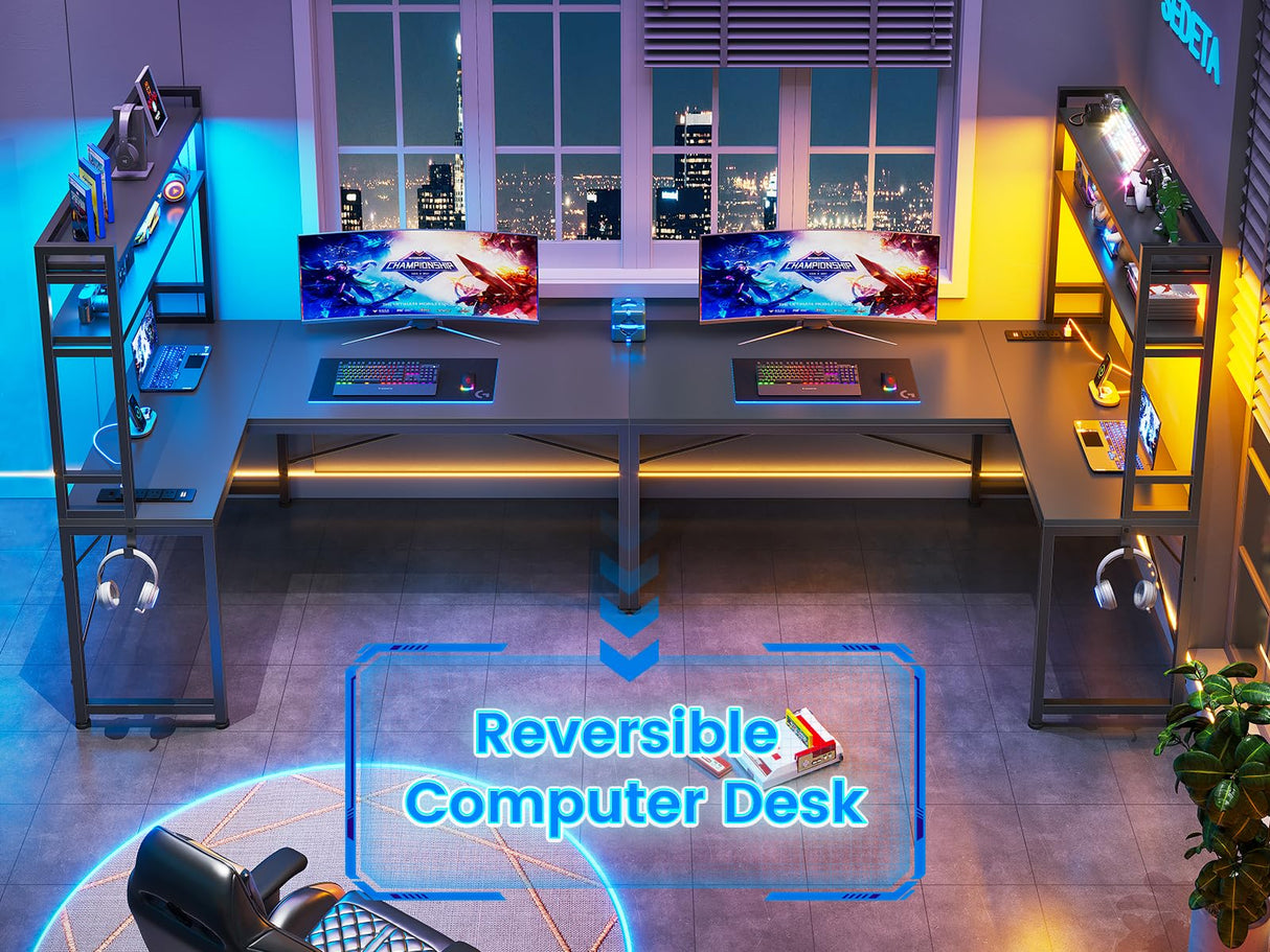 SEDETA L Shaped Gaming Desk, Reversible 45.3” Small Corner Desk with Power Outlet and LED Lights, Corner Gaming Desk with Storage Shelves, Hooks and Hooks for Small Space, Black SEDETA