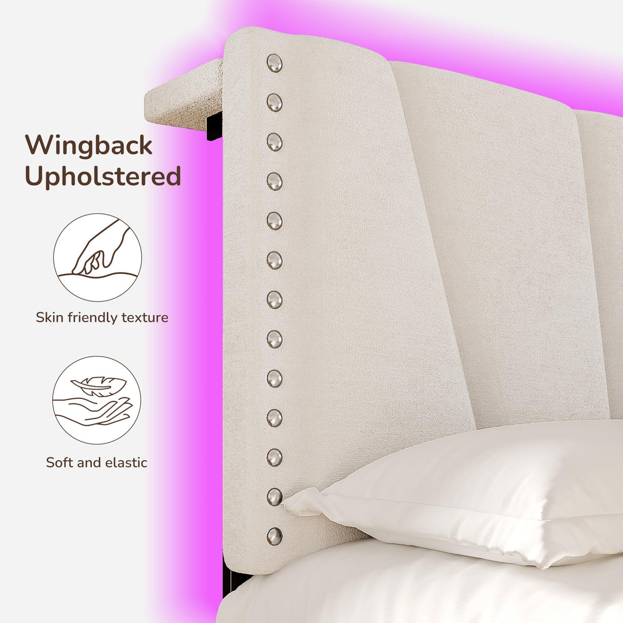 EnHomee Queen Bed Frame with Velvet Headboard and LED Lights, Storage Headboard with Charging Station, Bed Frame Queen Size with Sturdy Wooden Slats Support, Noise-Free, Easy Assembly, Beige EnHomee