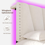 EnHomee Queen Bed Frame with Velvet Headboard and LED Lights, Storage Headboard with Charging Station, Bed Frame Queen Size with Sturdy Wooden Slats Support, Noise-Free, Easy Assembly, Beige EnHomee