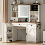 Farmhouse Makeup Vanity Desk with Sliding Mirror and Lights, Glass Desktop Makeup Vanity Desk with Charging Station, 3-Tier Hidden Slide-Out Vanity Shelves, Jewelry Storage Cabinet, 2 Drawers-White Jocoevol