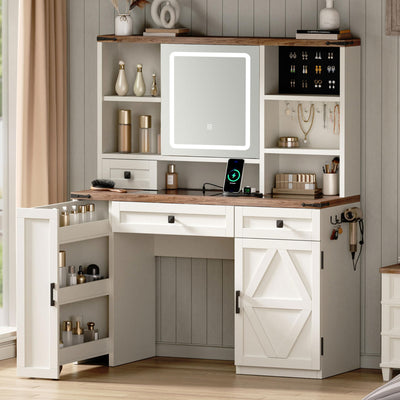 Farmhouse Makeup Vanity Desk with Sliding Mirror and Lights, Glass Desktop Makeup Vanity Desk with Charging Station, 3-Tier Hidden Slide-Out Vanity Shelves, Jewelry Storage Cabinet, 2 Drawers-White