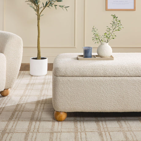 Walker Edison Linley Contemporary Large Storage Bouclé Ottoman with Wood Legs, Ivory Walker Edison