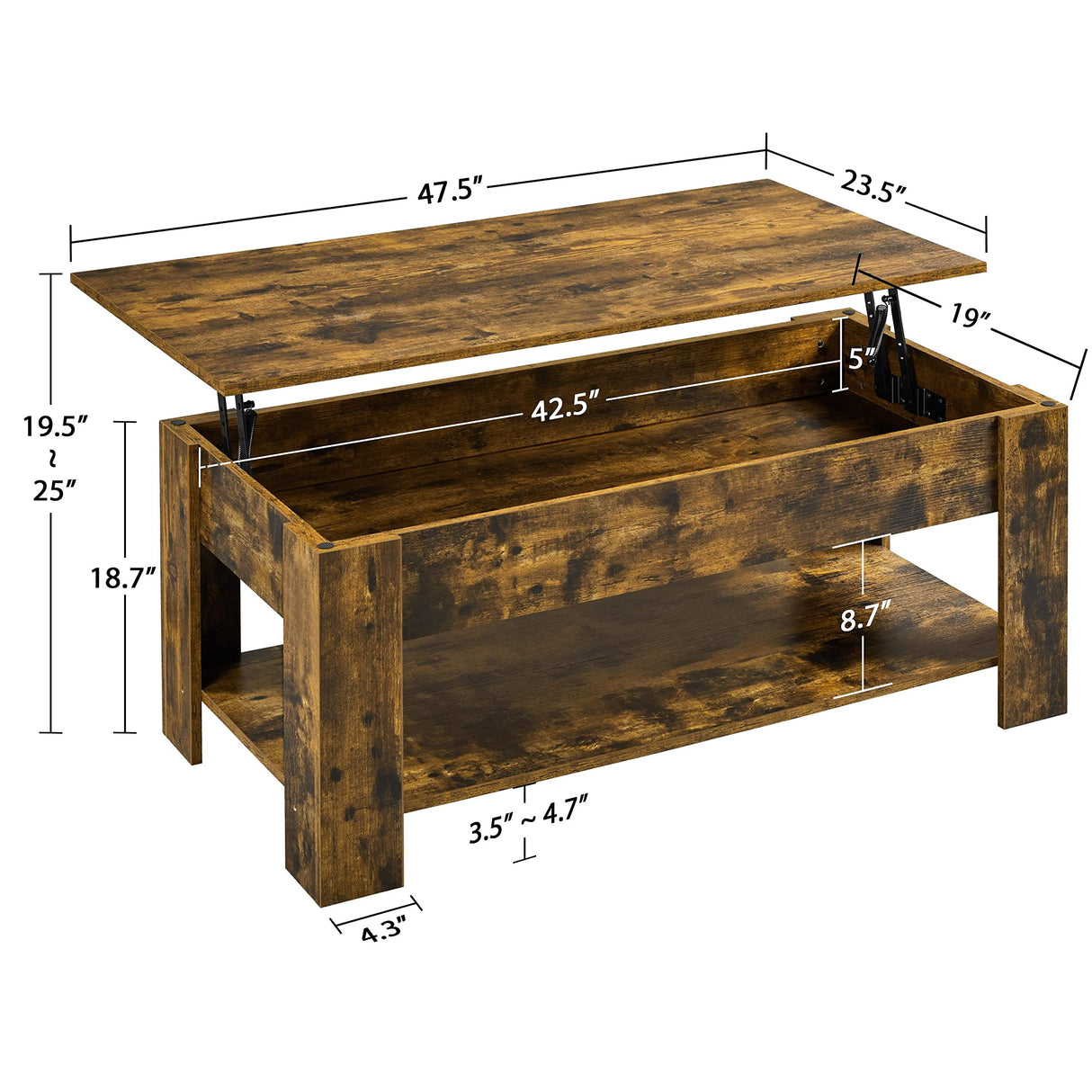 Yaheetech Coffee Table, 47.5in Lift top Coffee Table with Hidden Compartment and Storage Shelf, Lift Tabletop Dining Table for Living Room Reception Room, Rustic Brown Yaheetech