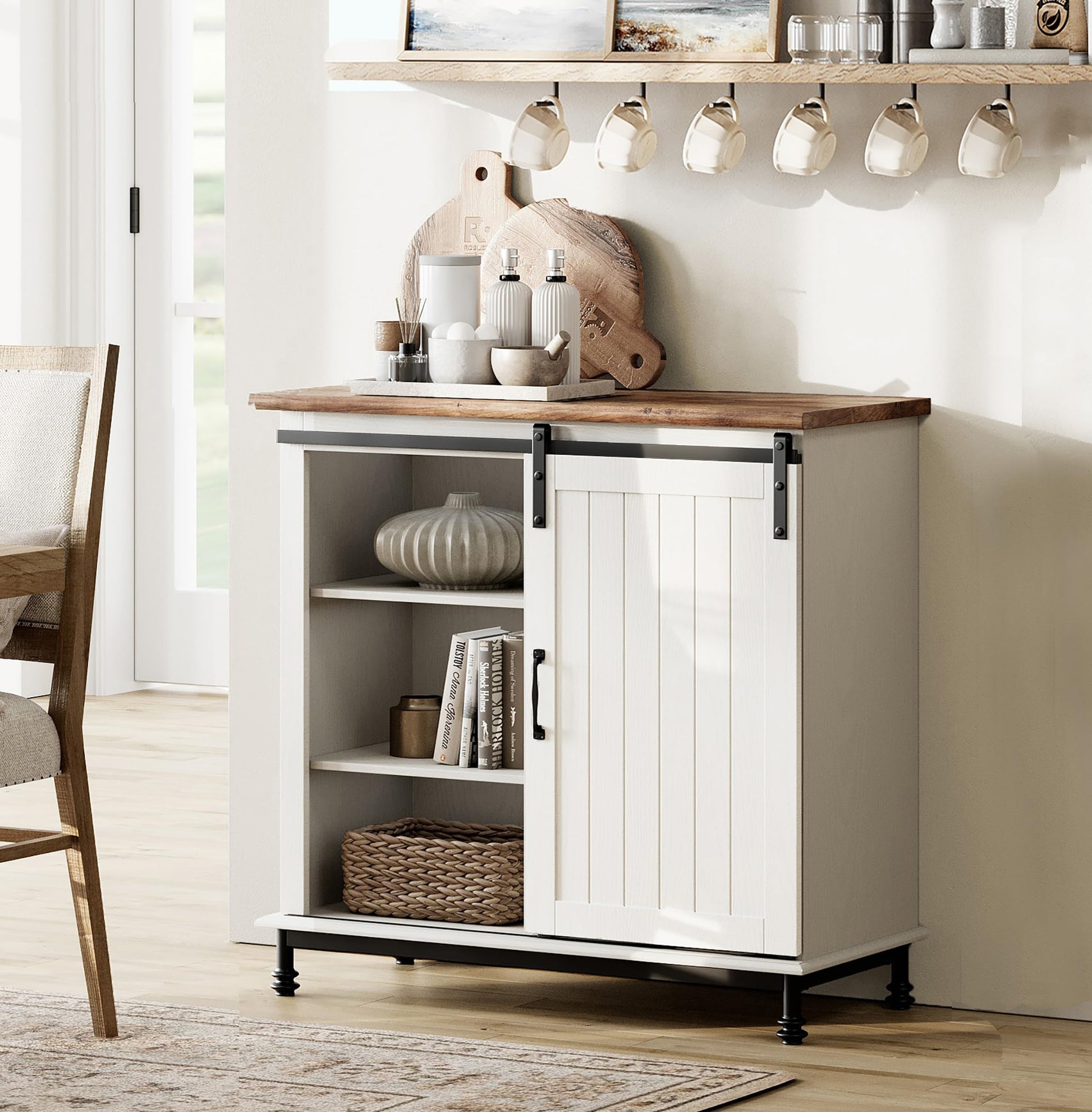 WAMPAT Farmhouse White Buffet Sideboard with Sliding Barn Door and Adjustable Shelf - WoodArtSupply