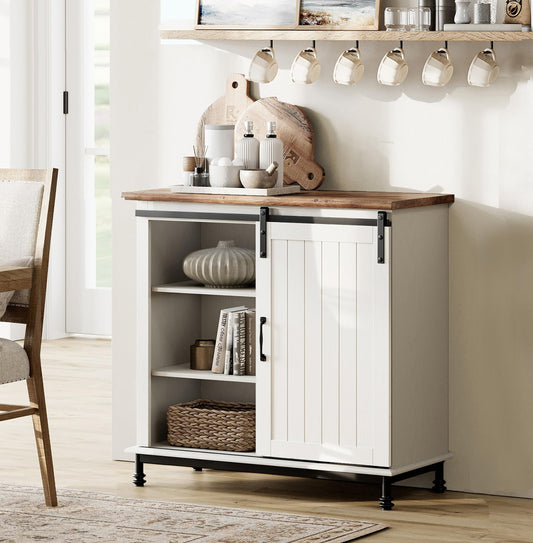 WAMPAT Farmhouse White Buffet Sideboard with Sliding Barn Door and Adjustable Shelf