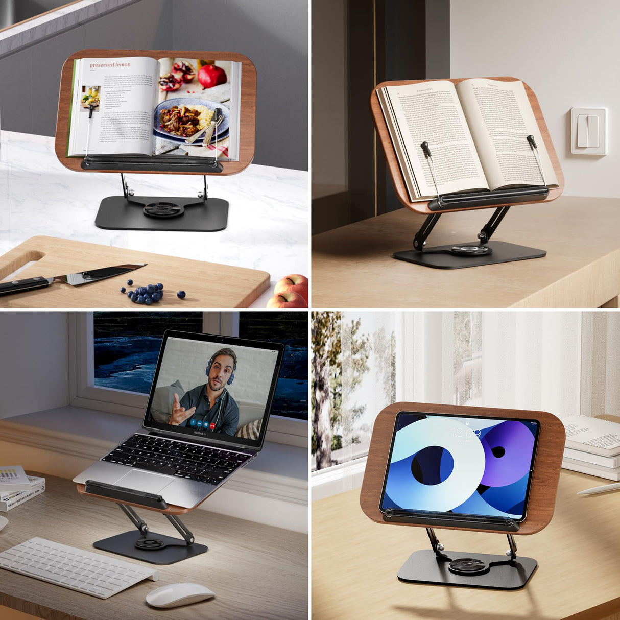 SupeDesk Book Stand for Reading, Adjustable Book Holder with 360° Rotating Bases, Foldable Designs, and Elastic Clips, Multifunctional Display Stand for Recipe, Cookbooks, Magazines, Tablets, Laptops SupeDesk