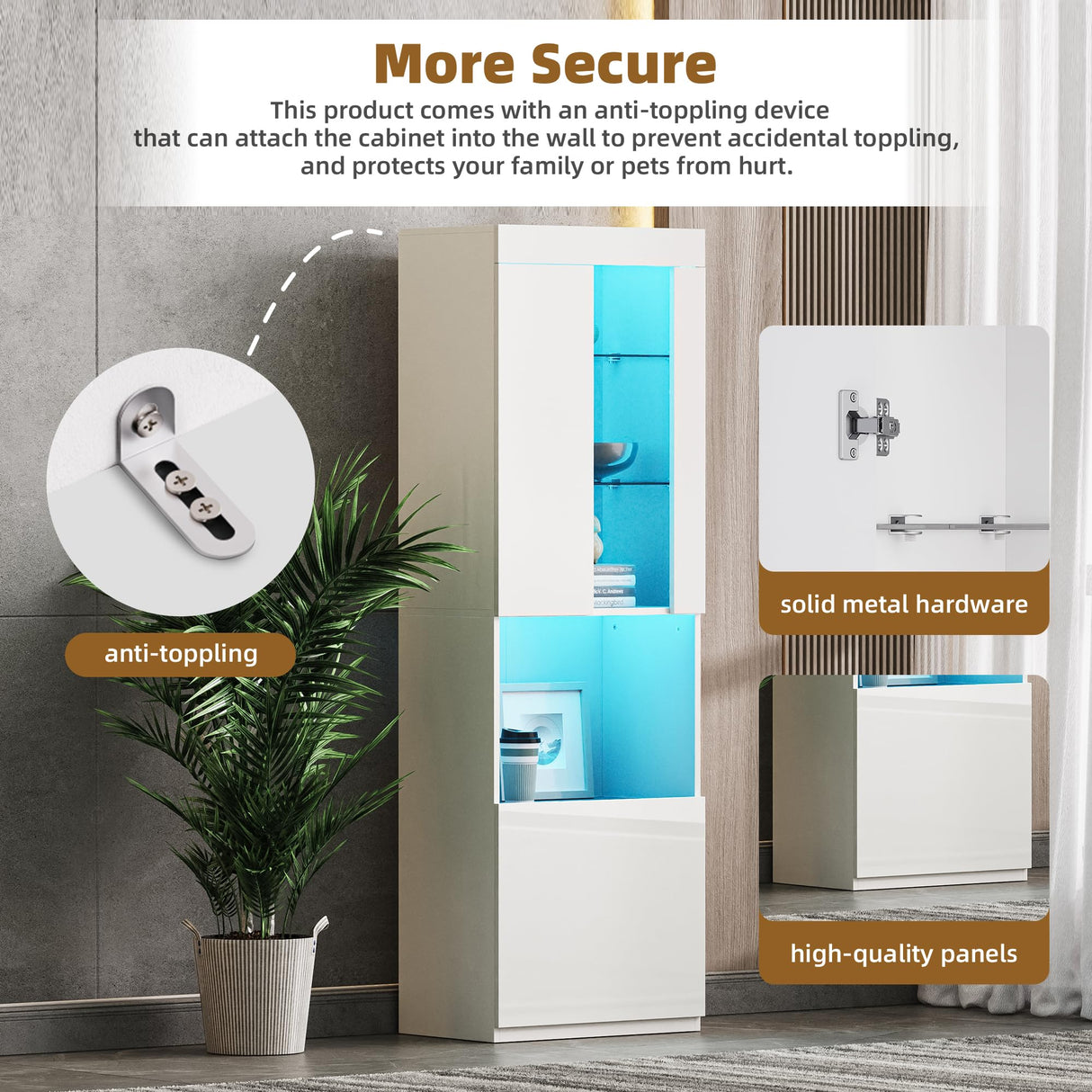 LUMISOL High Gloss Cabinet with LED Light, 67" Tall Pantry with Acrylic Door, Modern Bookcase Display with Open Tempered Glass Shelves for Home Office Living Room Study Room, White LUMISOL