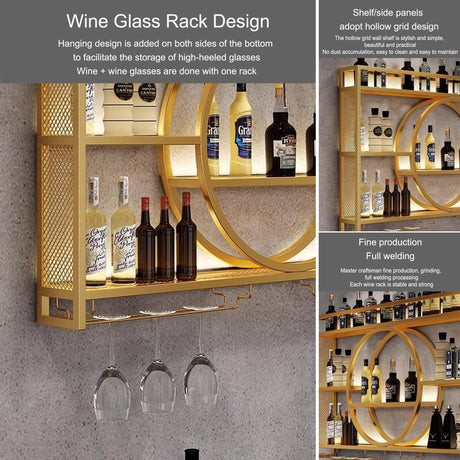 Wine Rack Wall Mounted with Wine Glass Rack Floating Bar Shelves for Liquor Bottles with LED Light Liquor Bottle Display Shelf Wall Bar Cabinet Mini Bar for Home Bar Dining Room Kitchen Living Room(Bl WXZXWXZX