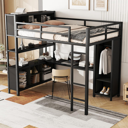 SOFTSEA Full Size Loft Bed with L Shaped Desk, Metal Loft Bed Frame with Wardrobe, Shelves and Storage Cubes, Loft Bed with Guardrails and Ladder, Full Loft Bed for Bedroom Guestroom, Black