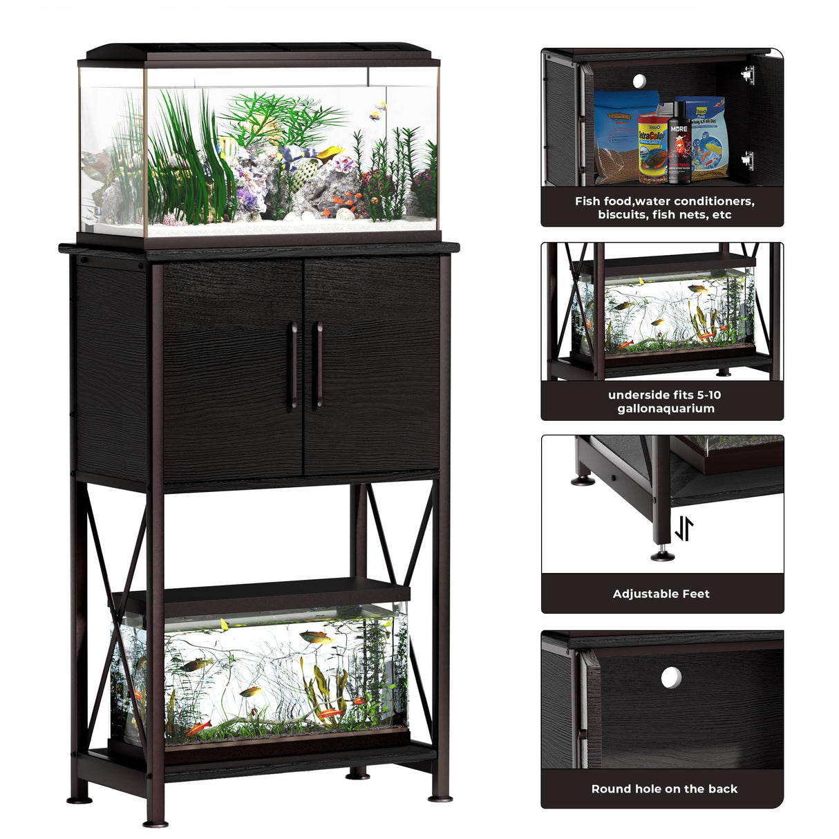 Herture 5-10 Gallon Fish Tank Stand, Metal Double Aquarium Stand with Cabinet for Fish Tank Accessories Storage, Heavy Duty 20.5" L* 11.02" W Tabletop, 500LBS Capacity Black PG06YGB Herture