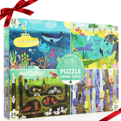 Naturelish Puzzles for Kids Ages 3-5, Set of 4 Pack Puzzles with 12 16 24 32 PCS Range in Difficulty, Animals World Jigsaw Puzzle for Age 4-6, 4 in 1 Progressive Puzzles for Toddler Boys Girls