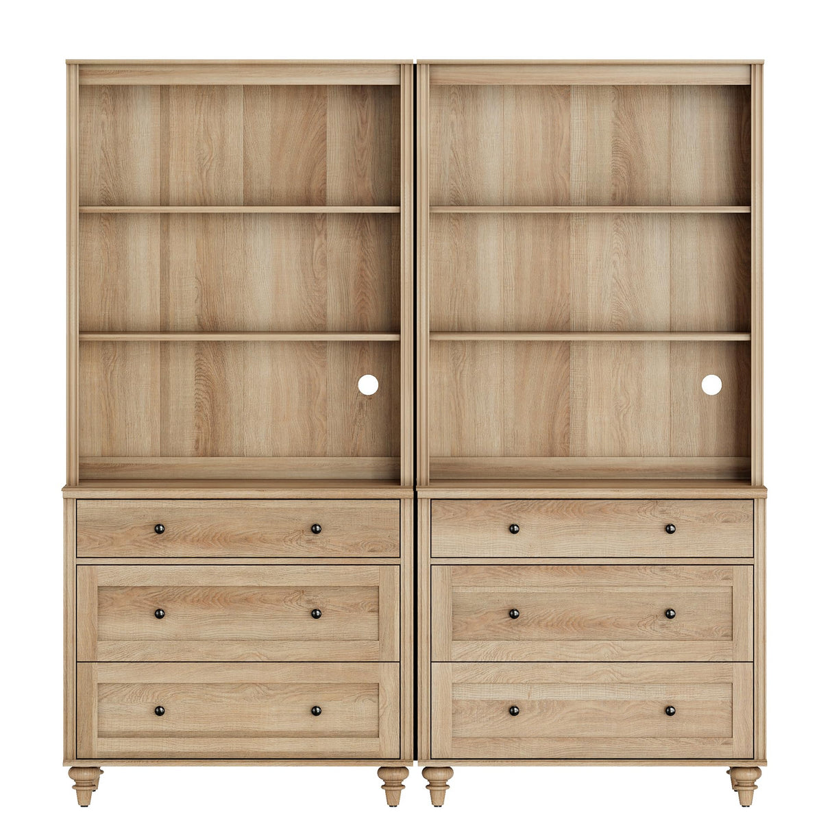 WAMPAT 3 Tier Bookshelf with 3 Drawers, 72" Tall Bookcase Large Farmhouse Display Book Case Shelf with 3-Tier Open Book Shelfs，Library Wood Bookshelves for Living Room,Kitchen, Oak(2PCS) WAMPAT