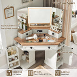 T4TREAM 48" Corner Vanity Desk with 3 Way Mirror and Lights, Farmhouse Makeup Vanity with Charging Station & Glass Top, Dressing Table with 3 Drawers, 2 Cabinets & Adjustable Shelves (Antique White) T4TREAM