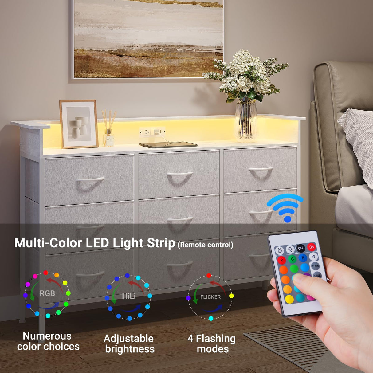 ELYKEN White Dresser with LED Light for Bedroom, Dresser with 9 Drawers and Charging Station, Fabric Chest of Drawers with PU Finish Storage Drawers for Entryway Closet Living Room Hallway Guest Room ELYKEN