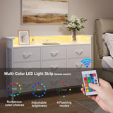 ELYKEN White Dresser with LED Light for Bedroom, Dresser with 9 Drawers and Charging Station, Fabric Chest of Drawers with PU Finish Storage Drawers for Entryway Closet Living Room Hallway Guest Room ELYKEN