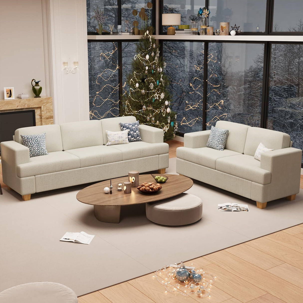 2 Pieces Corduroy Couch Set for Living Room, 5 Seats Cloud Sofa, Deep Seat Floor Couch for Bedroom, Futon Modern Sofa Bed, White Corduroy YOUDENOVA