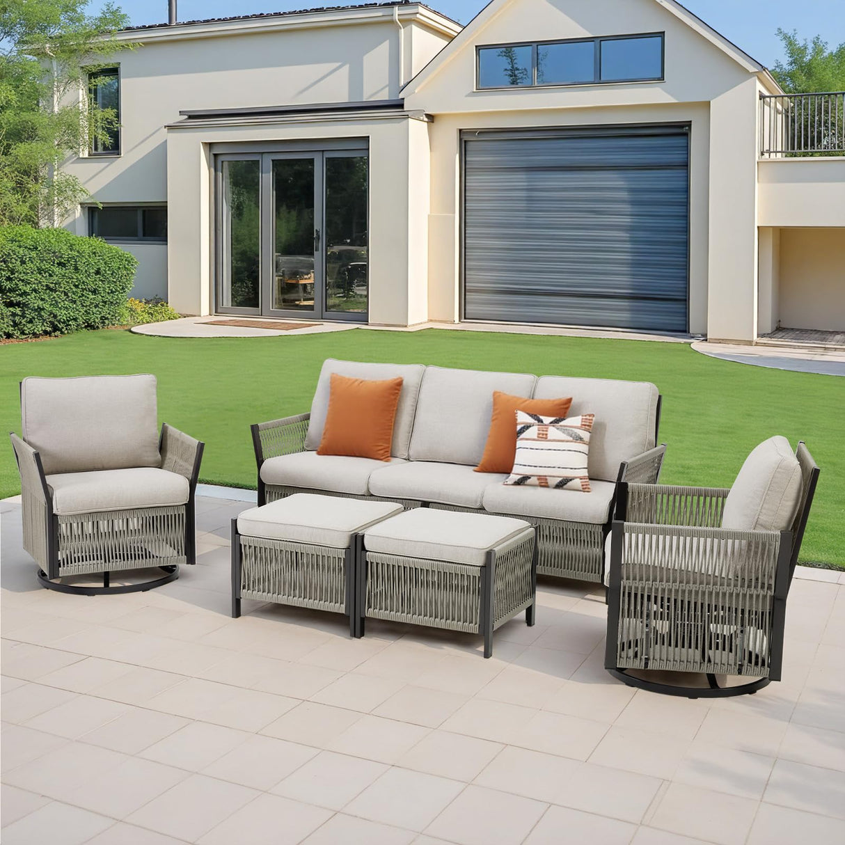 5 Pieces Patio Furniture Sets, Outdoor Modular Sectional with Sofa, 2 Swivel Glider Chairs & 2 Ottomans, All-Weather Rattan Conversation Seating Group for Backyard, Deck, Porch, Beige PPorfamilia