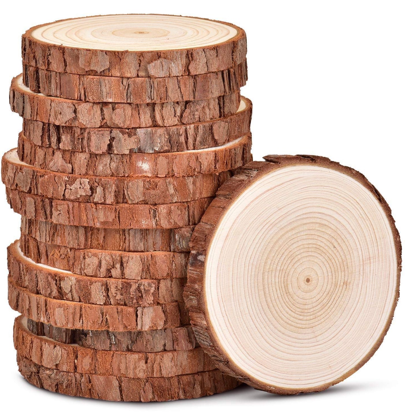 4.3-4.7 inch Unfinished Natural with Tree Bark Wood Slices 15 PCS Natural Round Discs Rustic Wood Slices for DIY Crafts, Table Base, Wedding Decoration,Coasters,Christmas Ornaments.