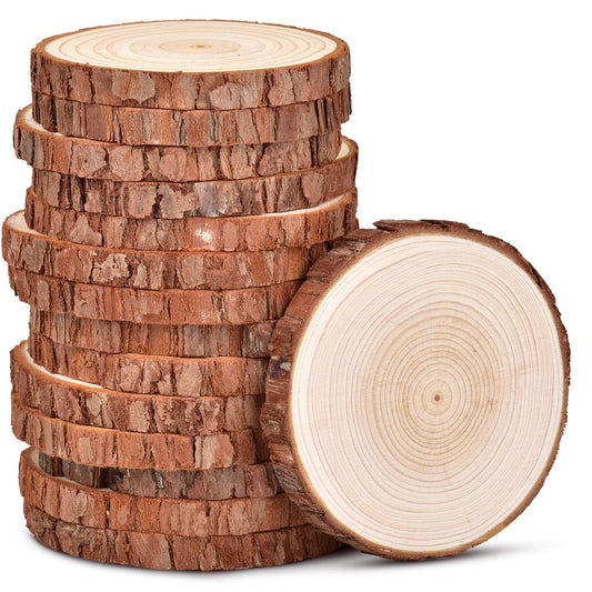 4.3-4.7 inch Unfinished Natural with Tree Bark Wood Slices 15 PCS Natural Round Discs Rustic Wood Slices for DIY Crafts, Table Base, Wedding Decoration,Coasters,Christmas Ornaments.