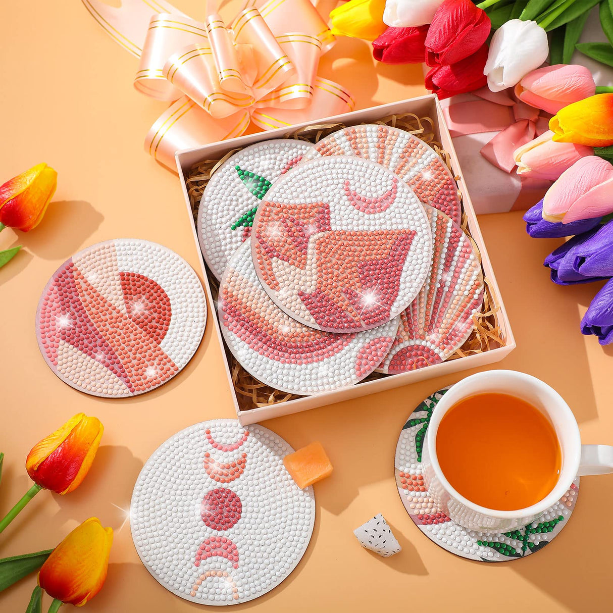 Vesici 8 Pcs Pink Diamond Painting Coasters with Holder Abstract Plants Diamond Art Painting Coasters Boho Art Coaster Kit with Holder DIY Crafts Kits for Adults Beginner Gift Supplies(Pink) Vesici