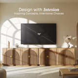 BELLEZE 65 Inch Fluted Buffet Cabinet with Storage, Symmetrical Arc Accent Sideboard Large Console Table for Dining Room, Kitchen, and Living Room (Caramel Brown) BELLEZE