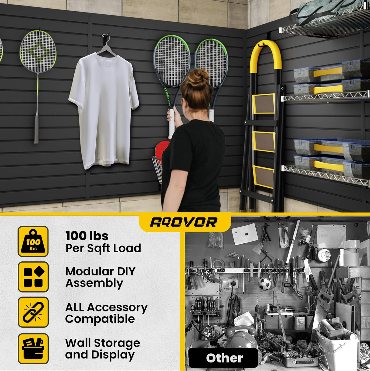 AQOVOR Slat Wall Paneling 4x4 FT, PVC Slat Wall Panels Heavy-Duty Garage Organization System with Hooks & Accessories, Slatwall Pegboard Suitable for Home、Garage、Shop Display & Organization (Black) AQOVOR
