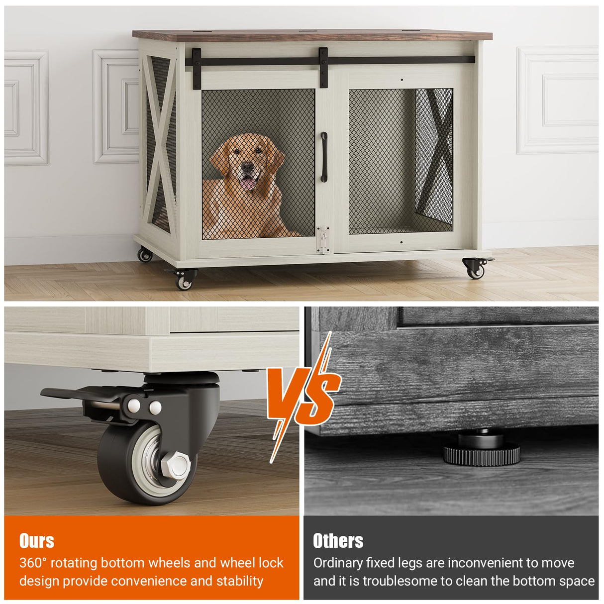 IDEALHOUSE 37'' Dog Crate Furniture Side End Table with Flip Top and Movable Divider, Wooden Dog Crate Table Large, Style Dog Kennel Side End Table, White IDEALHOUSE