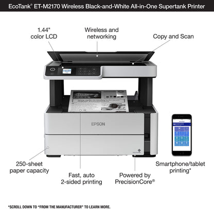 Epson EcoTank ET-M2170 Wireless Monochrome All-in-One Supertank Printer with Ethernet PLUS 2 Years of Unlimited Ink*,White