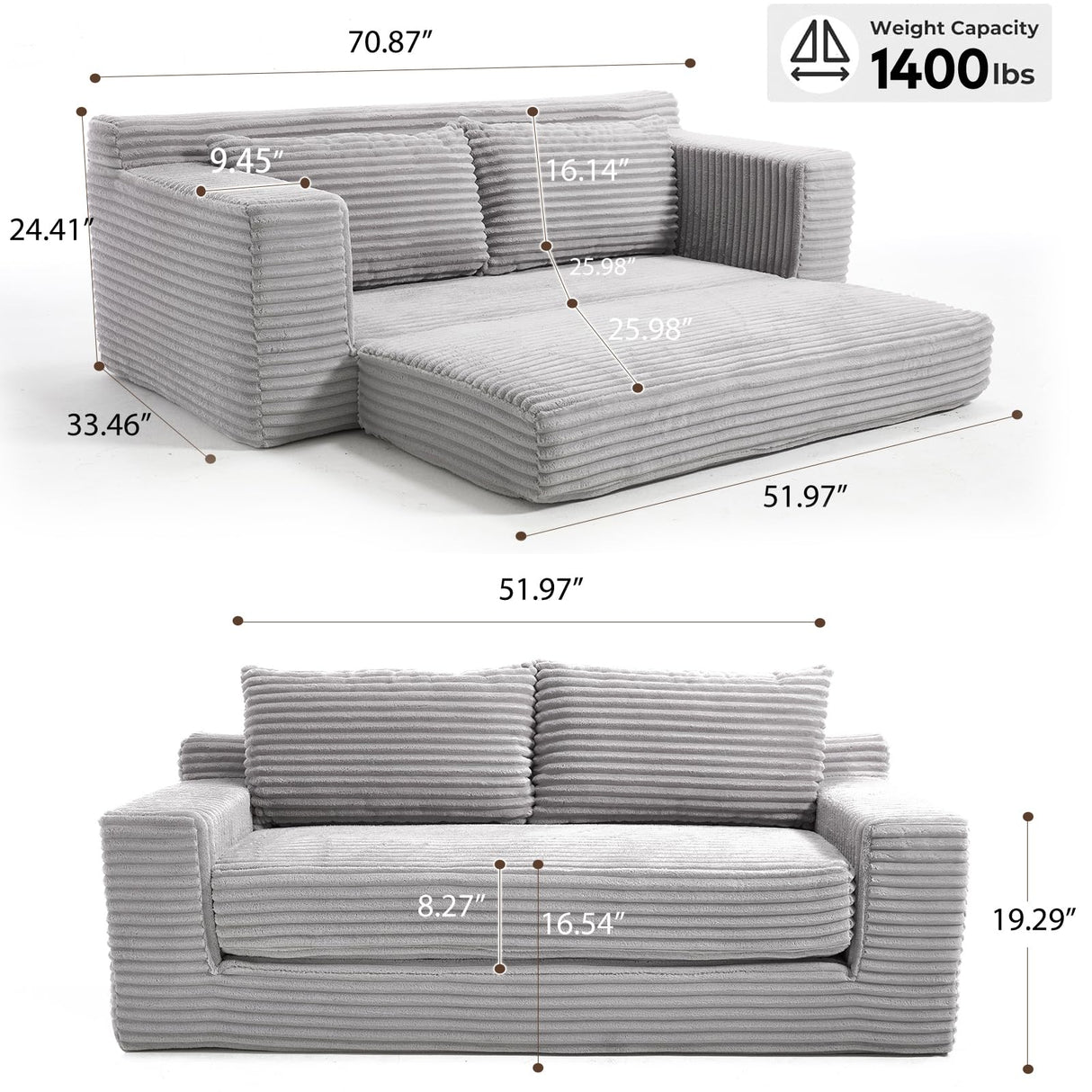 70.87" Cloud Loveseat Sofa, Boneless Corduroy Loveseat Couches, Sofa in a Box, 2 Seater Deep Seat Couch with Convertible Sofa Bed for Apartment, Office, Living Room, No Assembly Required (Light Grey) atosela