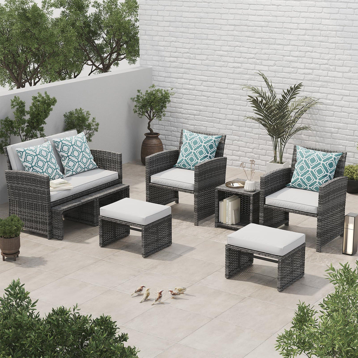 OC Orange-Casual 8 Pieces Patio Furniture Conversation Set, Outdoor Wicker Bistro Set, All Weather Loveseat Chairs with Ottoman & Coffee Table, Grey Rattan with White Cushion (Taupe Cover Included) OC Orange-Casual