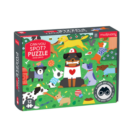 Mudpuppy Dog Days Can You Spot? Puzzle from Mudpuppy - 12 Piece Jigsaw Puzzle Featuring Colorful and Cute Puppies and 5 Things to Search and Find, 18" x 13.75", Ages 2+ Mudpuppy