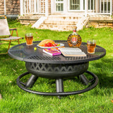 Panovue 36 Inch Fire Pit with Grill, Wood Burning Fire Pits for Outside with Lid& Fire Poker, Round Metal Firepit Table 3 in 1 with Cooking Grate,Outdoor Firepits for Yard Patio Bonfire Camping,Black Panovue