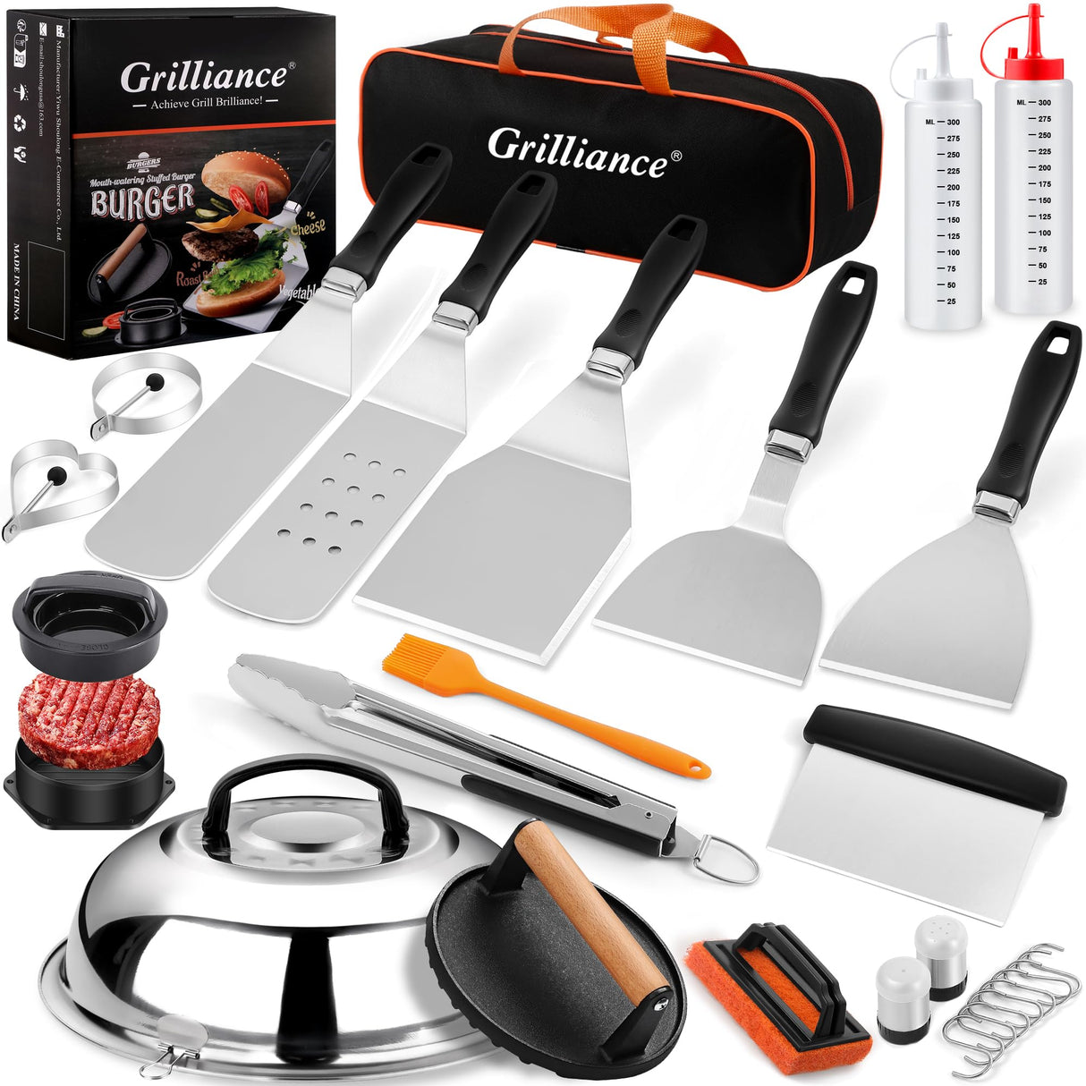 Grilliance 27pcs Blackstone Griddle Accessories Kit, Flat Top Grill Tools for Camp Chef，Hibachi Enlarged Spatula Gift Set with Basting Cover，Burger Press Patty Maker for Outdoor BBQ Teppanyaki Grilliance
