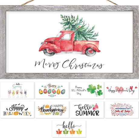 Farmhouse Wall Decor Sign Christmas Decoration Indoor Christmas Wall Decor With 10 Interchangeable Holiday Sayings Merry Xmas Sign for Xmas Thanksgiving Rustic Home Decors Living Room Bedroom 9x17 Tiblue